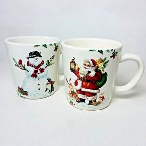 Lot of 2 Pier 1 Imports Winter Wonders Santa Snowman Mug‎ Ironstone Christmas